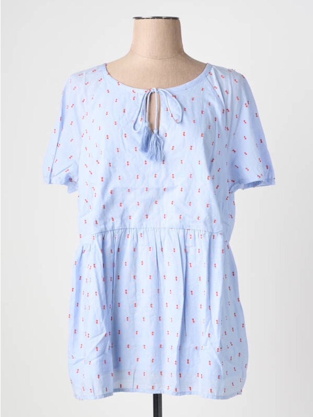 JUNAROSE BLUE SHORT SLEEVE V NECK TOP WITH TASSLE DETAIL